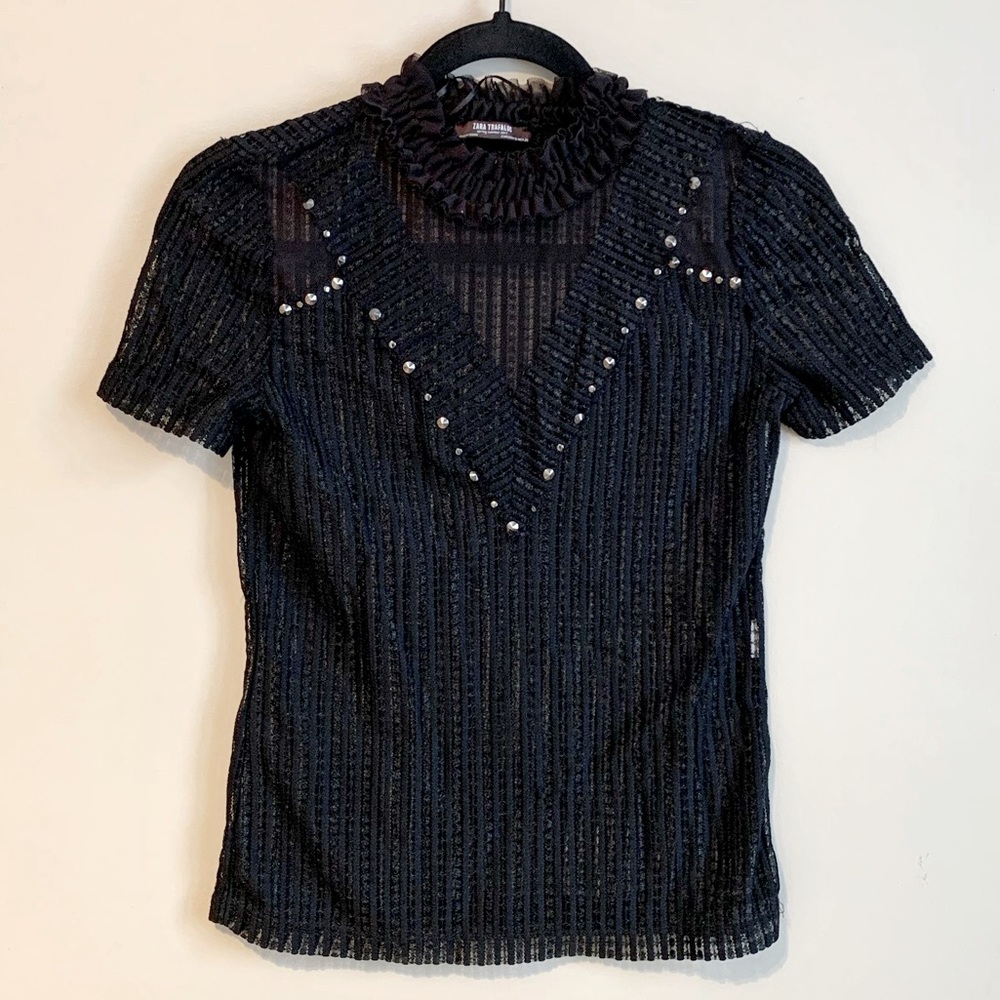 Zara TRAFALUC Ruffle Neck Sheet Studded Tee in Size Small